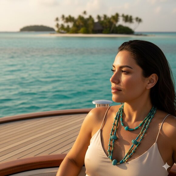 Vintage Teal Beige Wood Necklace Multi Strand Beads Boho Layered Beaded - Picture 1 of 8